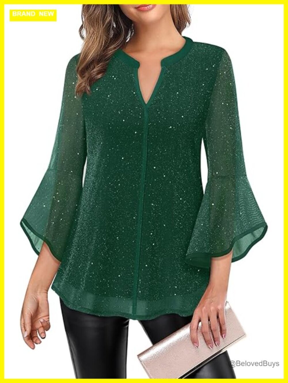 Women's 3/4 Bell Sleeve Blouse V-Neck Tunic Tops Flowy Dressy Casual